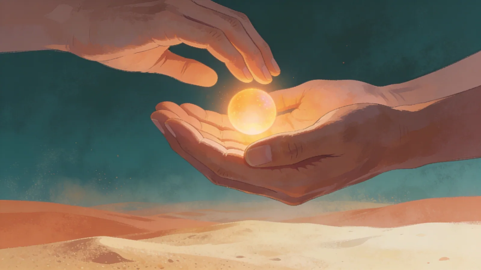 Two open hands passing a small warm glowing sphere