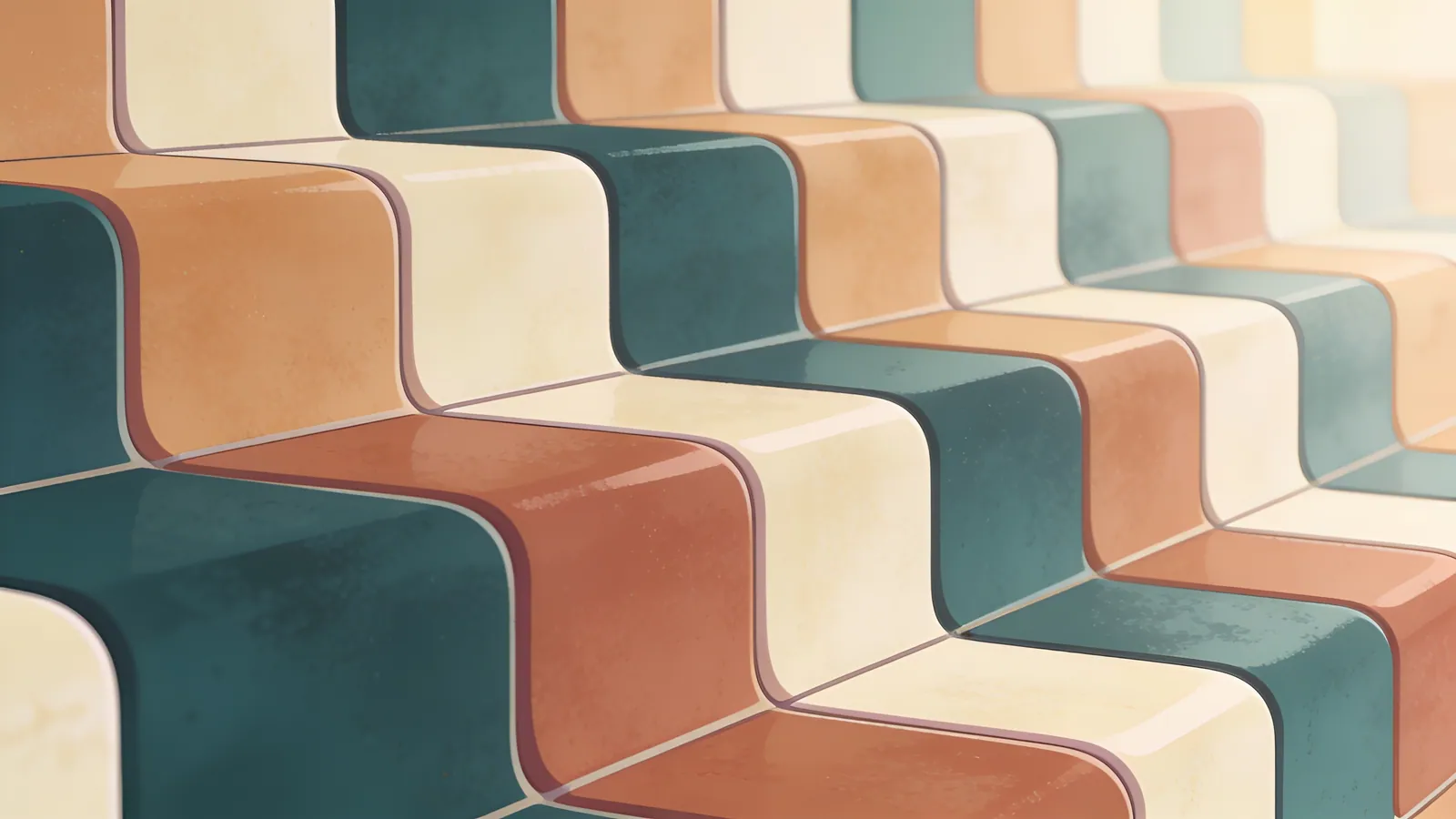 An abstract stepped pattern in alternating warm and cool tones