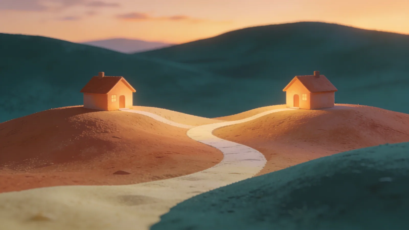 Two warmly lit homes on gentle hills joined by a winding path