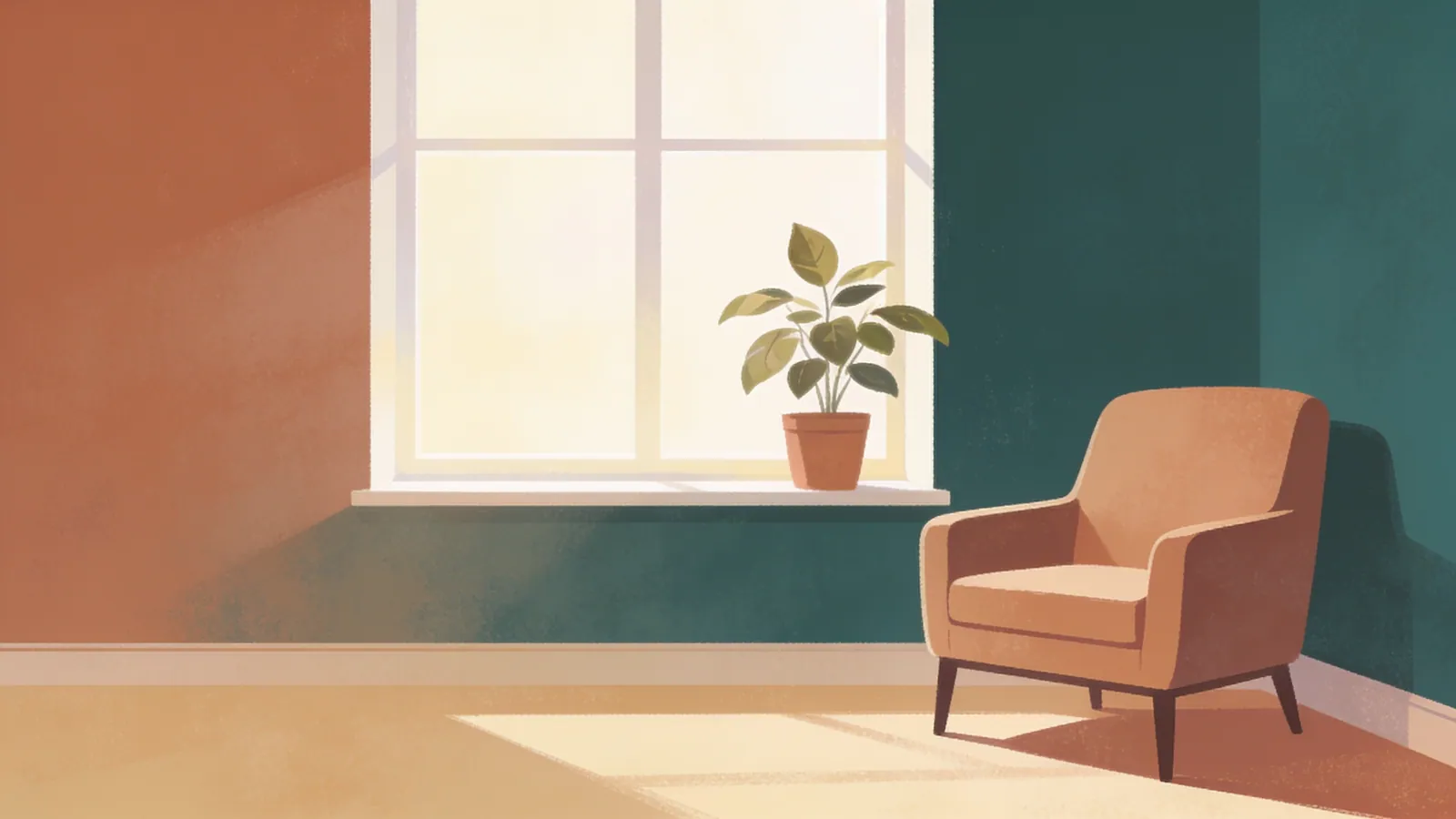 A quiet armchair beside a bright window with a potted plant