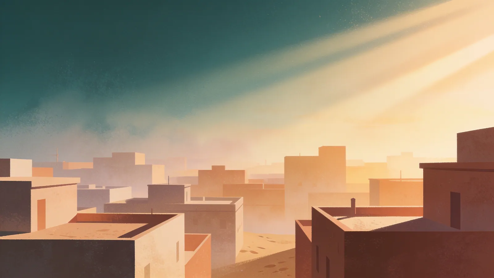 A quiet skyline at dawn with warm light over the rooftops
