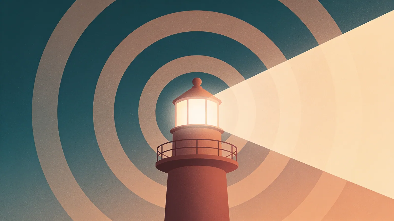 A lighthouse casting a steady beam across calm water