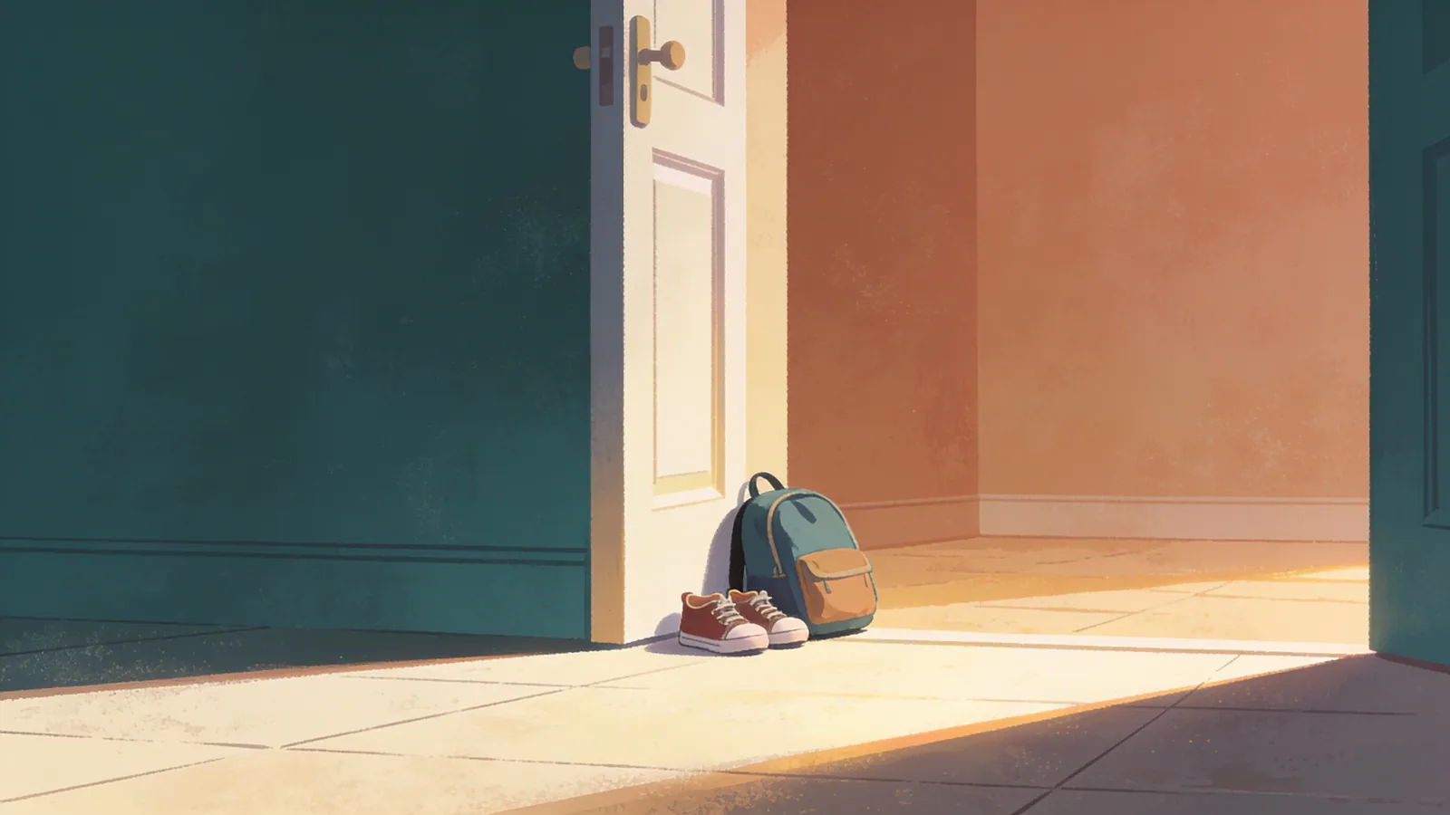 A child's shoes and backpack resting by a sunlit doorway