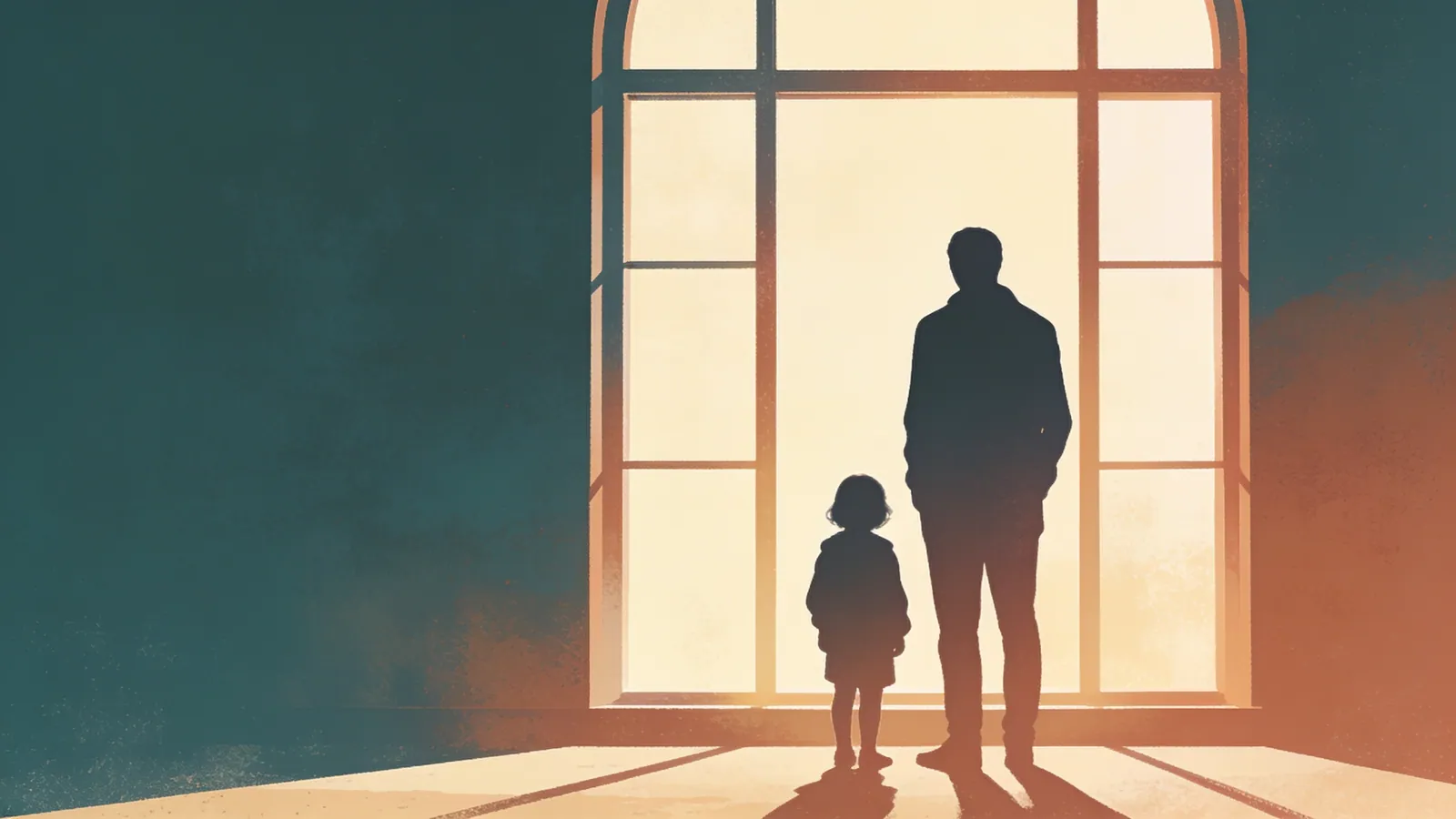 A parent and child seen from behind at a sunlit window