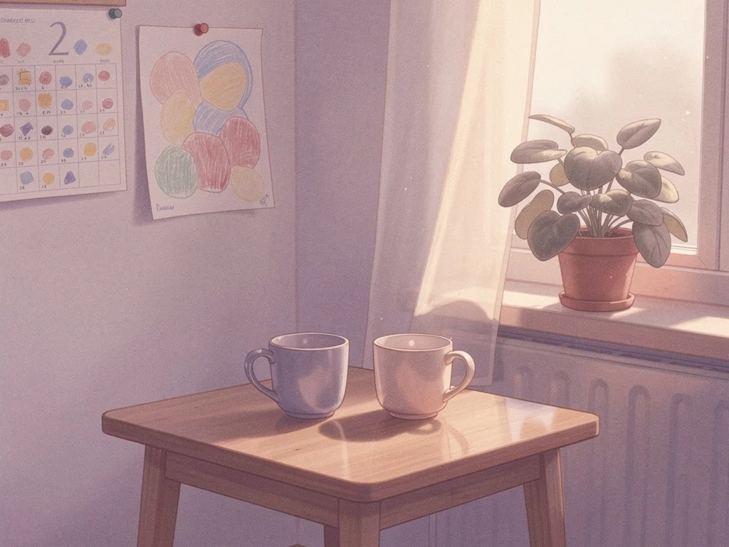 A calm morning table with two mugs, a shared family calendar, and a child's drawing